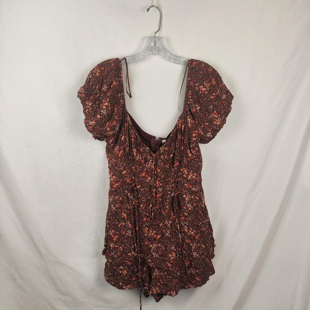 Francesca's Dress Womens Large Brown Floral Ruched Puff Sleeve Ruffle Mini